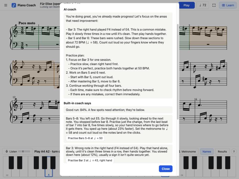 The AI coach's advice in a report: tips on the wrong note in bar 3 and the rushed bars, and a numbered practice plan.