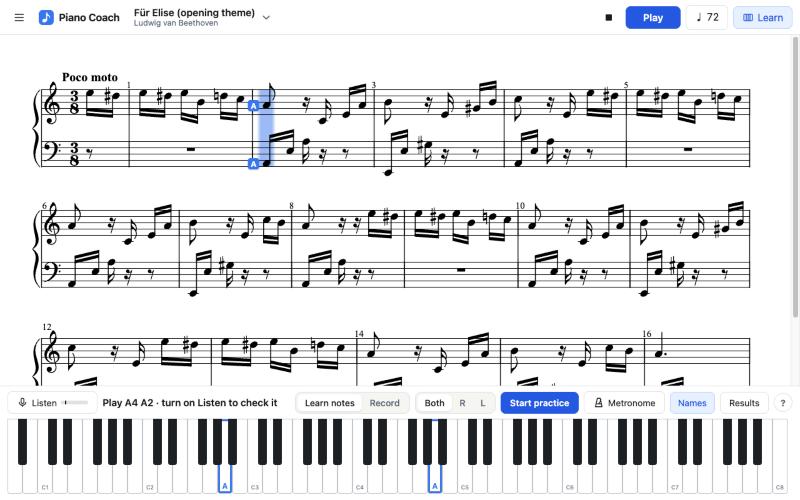Piano Coach in Learn mode: the sheet music across the screen with the notes at the cursor labelled A in both clefs, a row of practice controls, and a piano keyboard with those two keys outlined and labelled A.