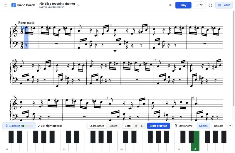 Listening: the note at the cursor is labelled E on the sheet, its key on the keyboard is labelled E and lit dark green because the microphone heard it.