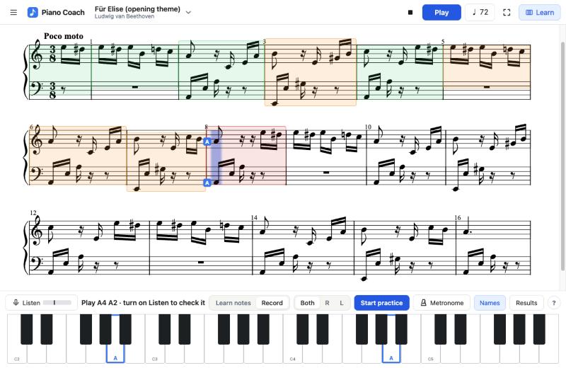 The sheet after a practice run: bars 1, 2 and 4 green, bar 3 and bars 5 to 7 amber, and bar 8 red where the player paused.