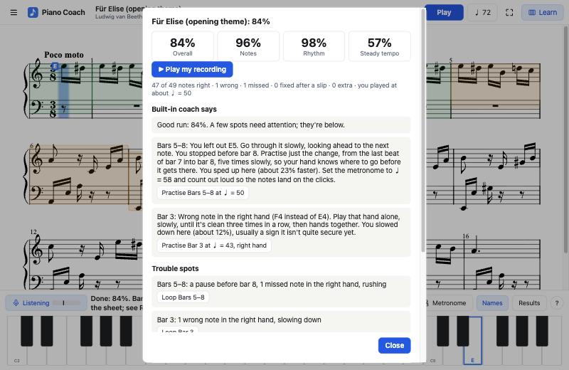 A report card after Record & review of Für Elise: 84% overall, 96% notes, 98% rhythm, 57% steady tempo, a Play my recording button, and the coach's tips with buttons to practise each spot.